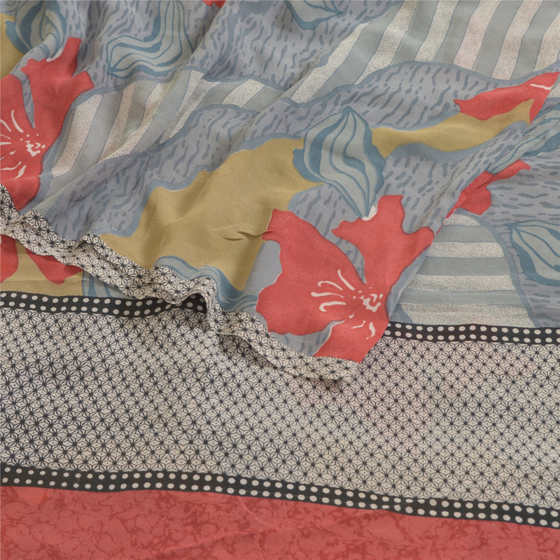Sanskriti Vintage Saree Gray 100% Pure Georgette Silk Printed Saree 5Yd Craft Fabric Home Decor, Women Floral Outfit, Scrap