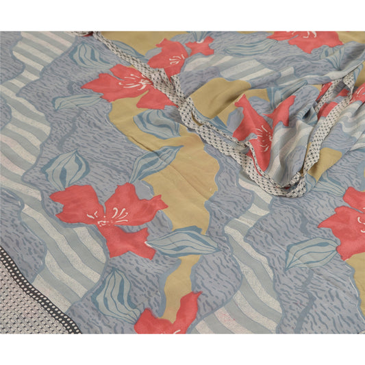 Sanskriti Vintage Sarees Gray Pure Georgette Silk Printed Sari 5yd Craft Sustainable Fabric