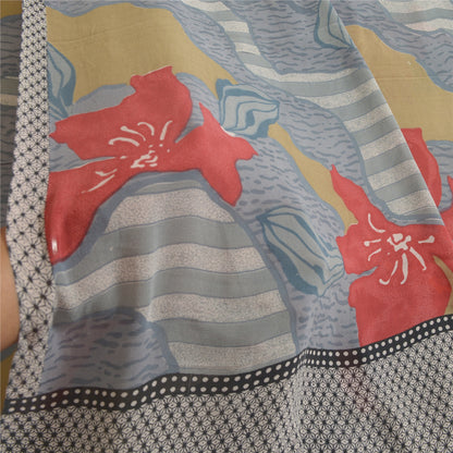 Sanskriti Vintage Sarees Gray Pure Georgette Silk Printed Sari 5yd Craft Sustainable Fabric
