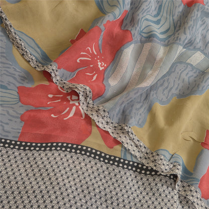 Sanskriti Vintage Sarees Gray Pure Georgette Silk Printed Sari 5yd Craft Sustainable Fabric