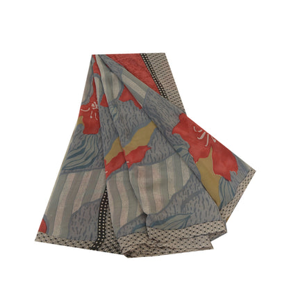 Sanskriti Vintage Sarees Gray Pure Georgette Silk Printed Sari 5yd Craft Sustainable Fabric