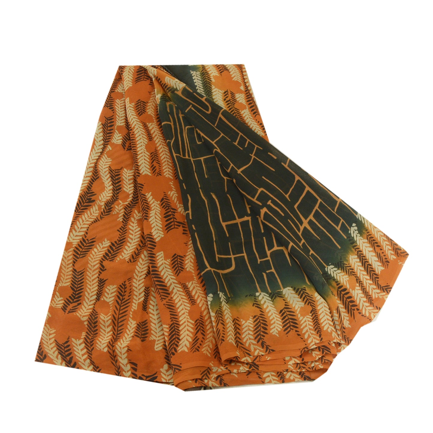 Sanskriti Vintage Sarees Black/Orange Pure Georgette Silk Printed Sari Sustainable Fabric