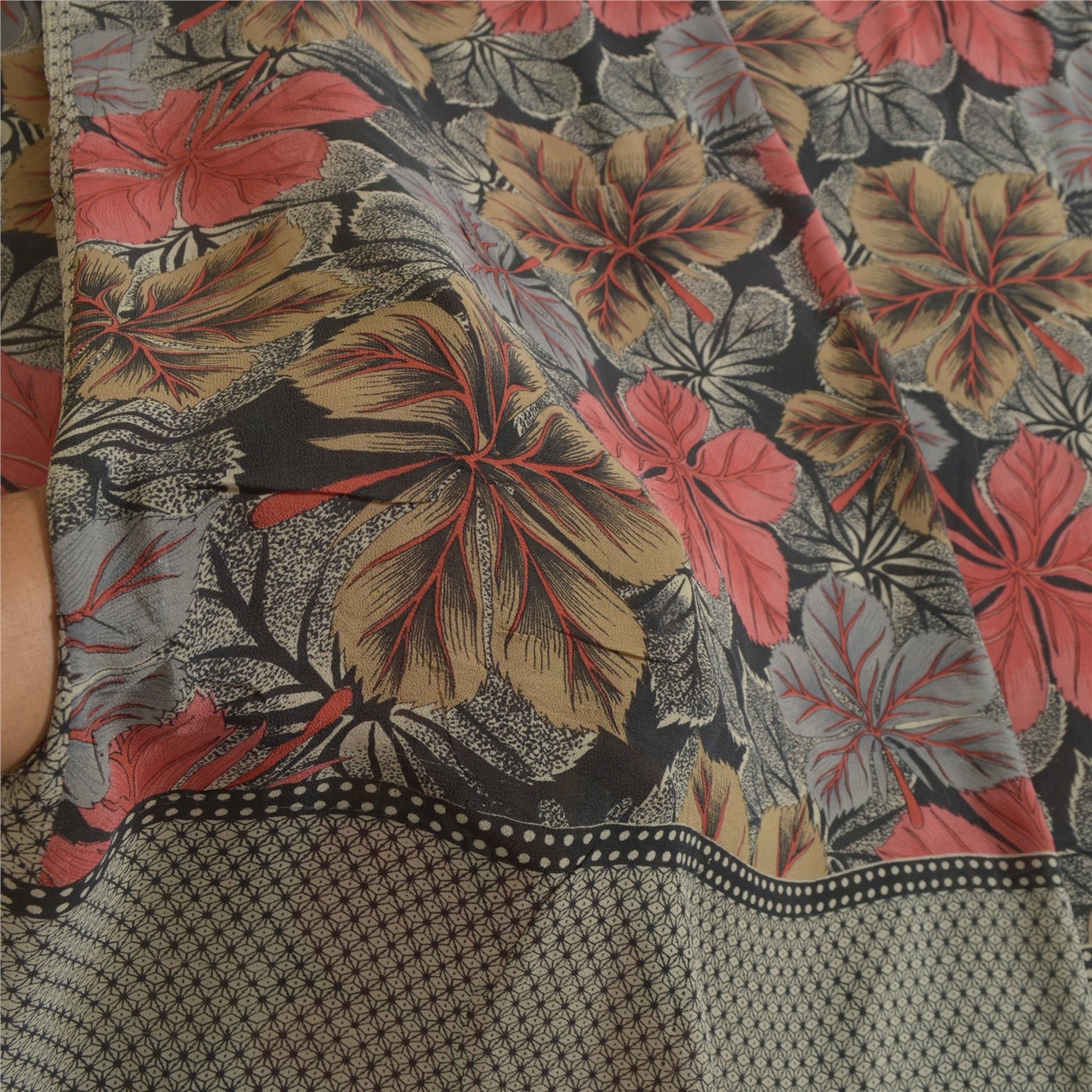 Sanskriti Vintage Sarees Black Pure Georgette Silk Printed Sari 5yd Craft Sustainable Fabric