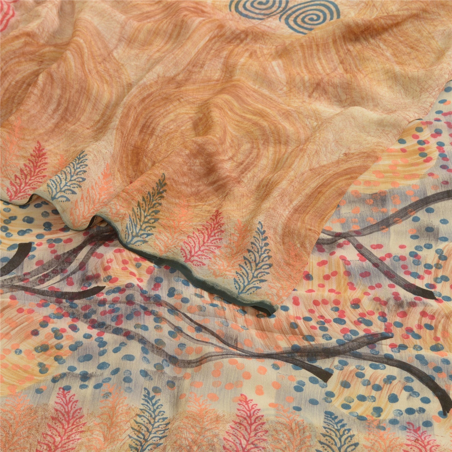 Sanskriti Vintage Sarees Light-Brown Pure Georgette Silk Print Sari Craft Sustainable Fabric