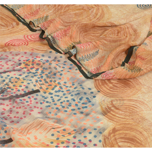 Sanskriti Vintage Sarees Light-Brown Pure Georgette Silk Print Sari Craft Sustainable Fabric