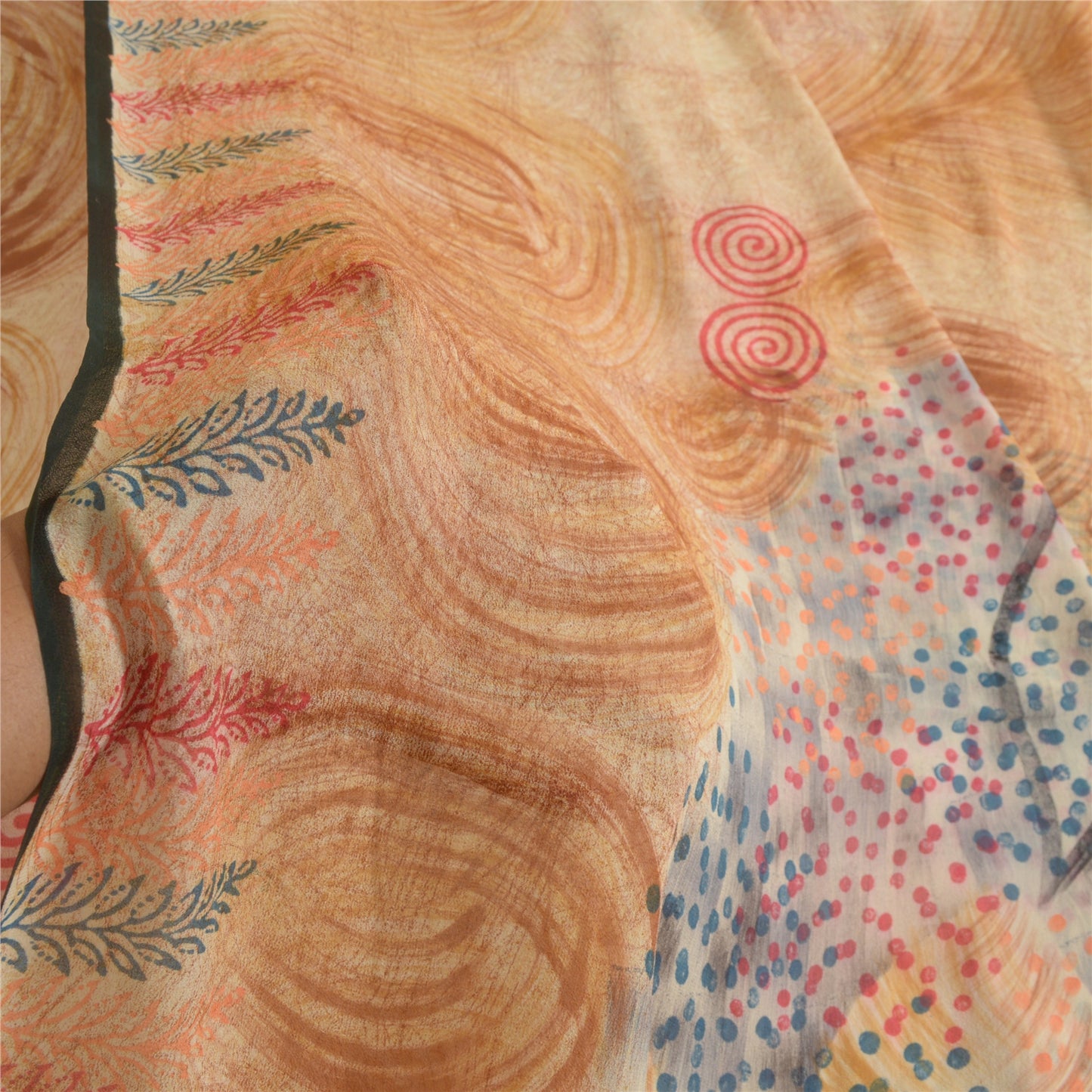 Sanskriti Vintage Sarees Light-Brown Pure Georgette Silk Print Sari Craft Sustainable Fabric