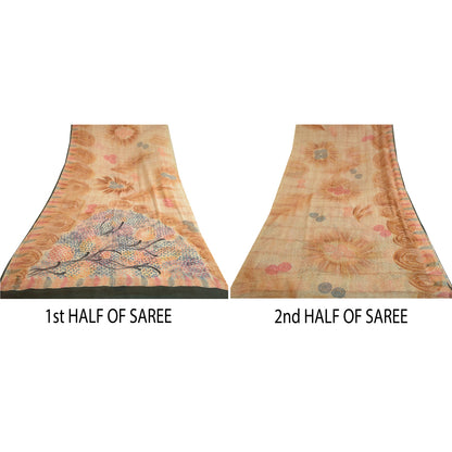 Sanskriti Vintage Sarees Light-Brown Pure Georgette Silk Print Sari Craft Sustainable Fabric