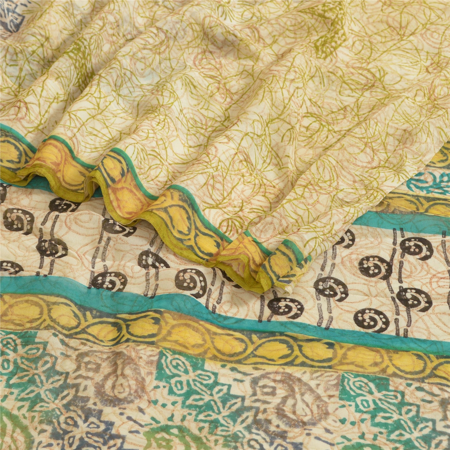 Sanskriti Vintage Sarees Ivory Pure Georgette Silk Printed Sari 5yd Craft Sustainable Fabric