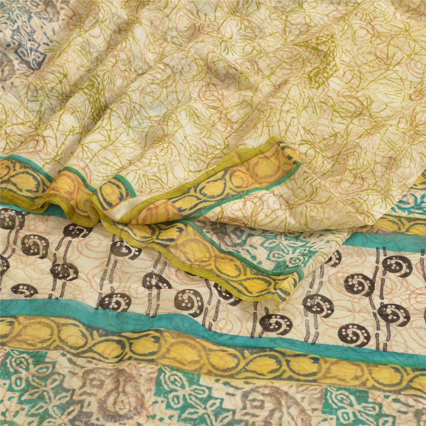 Sanskriti Vintage Sarees Ivory Pure Georgette Silk Printed Sari 5yd Craft Sustainable Fabric