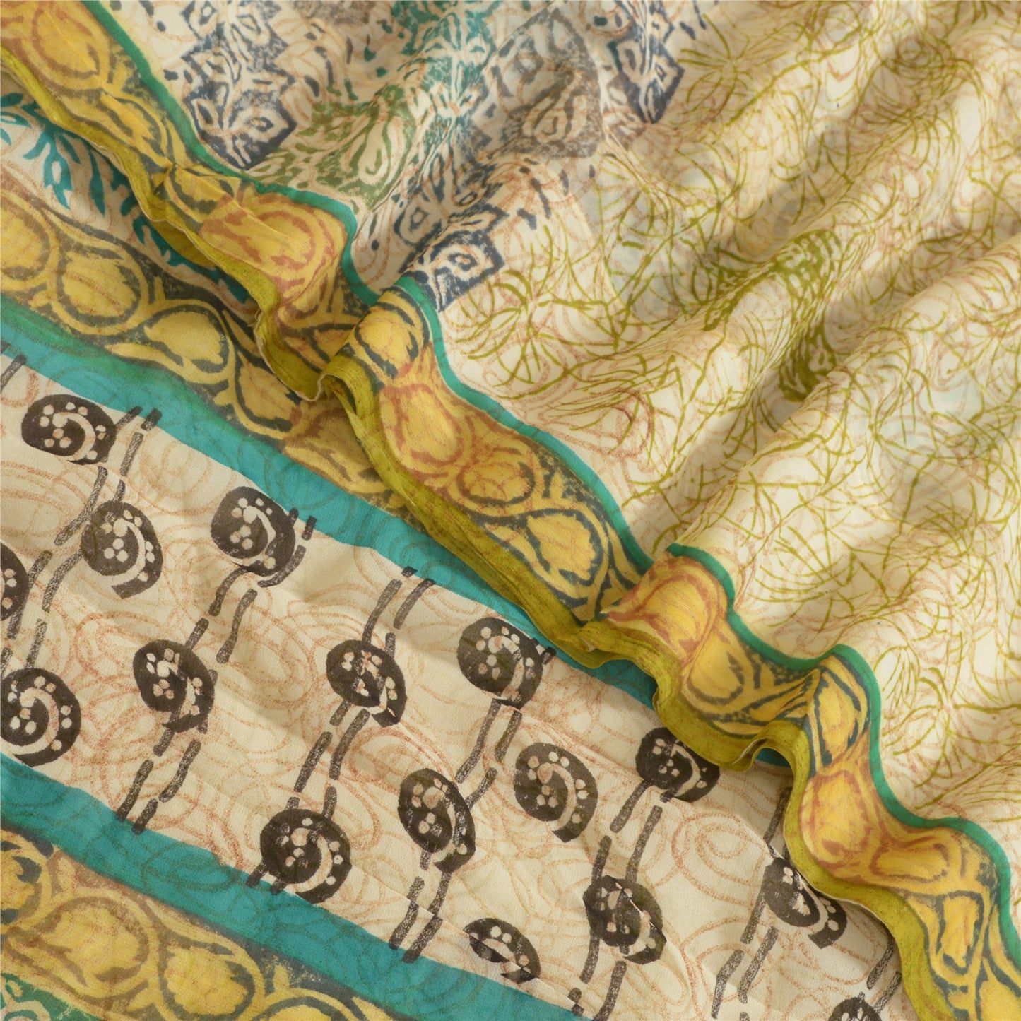 Sanskriti Vintage Sarees Ivory Pure Georgette Silk Printed Sari 5yd Craft Sustainable Fabric