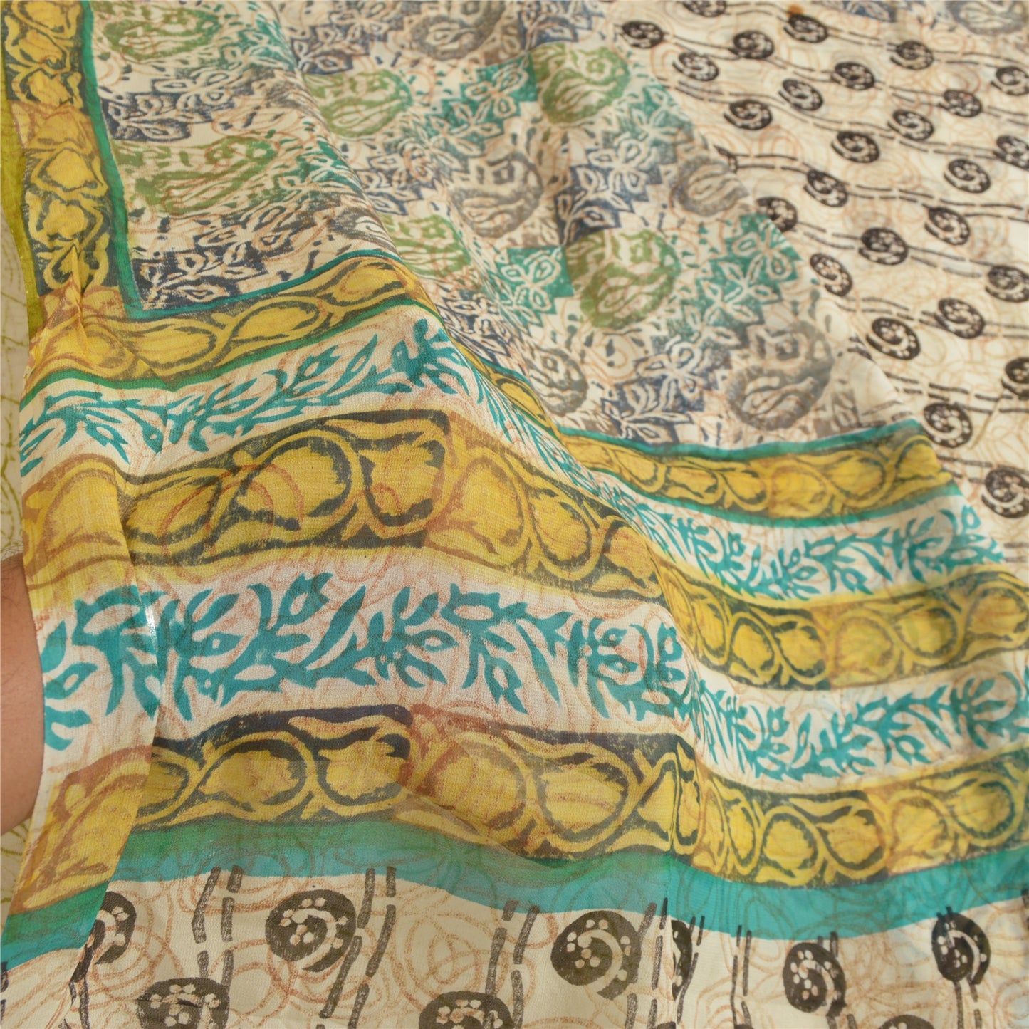 Sanskriti Vintage Sarees Ivory Pure Georgette Silk Printed Sari 5yd Craft Sustainable Fabric