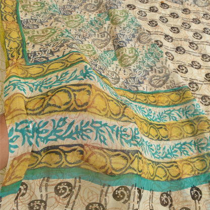 Sanskriti Vintage Sarees Ivory Pure Georgette Silk Printed Sari 5yd Craft Sustainable Fabric