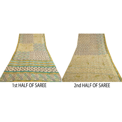 Sanskriti Vintage Sarees Ivory Pure Georgette Silk Printed Sari 5yd Craft Sustainable Fabric