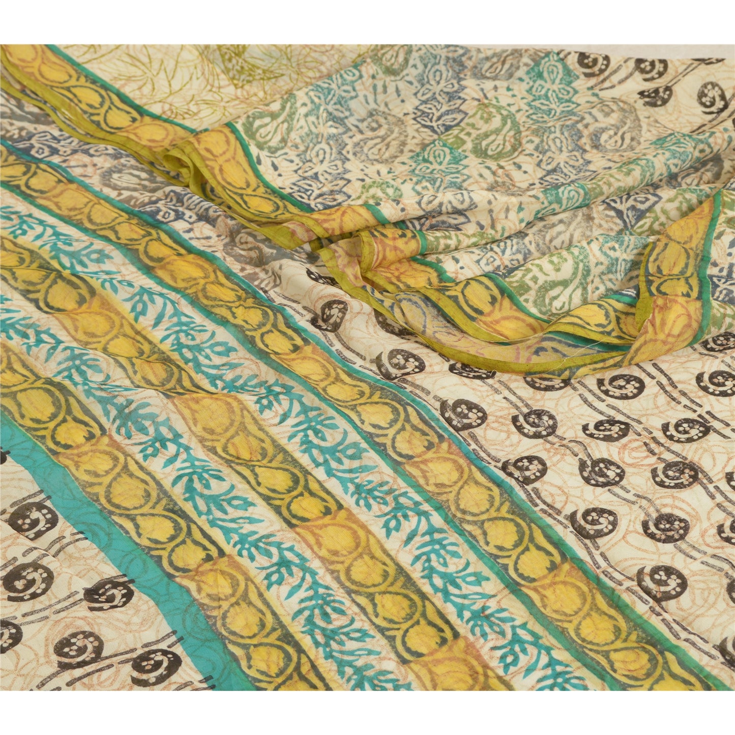 Sanskriti Vintage Sarees Ivory Pure Georgette Silk Printed Sari 5yd Craft Sustainable Fabric