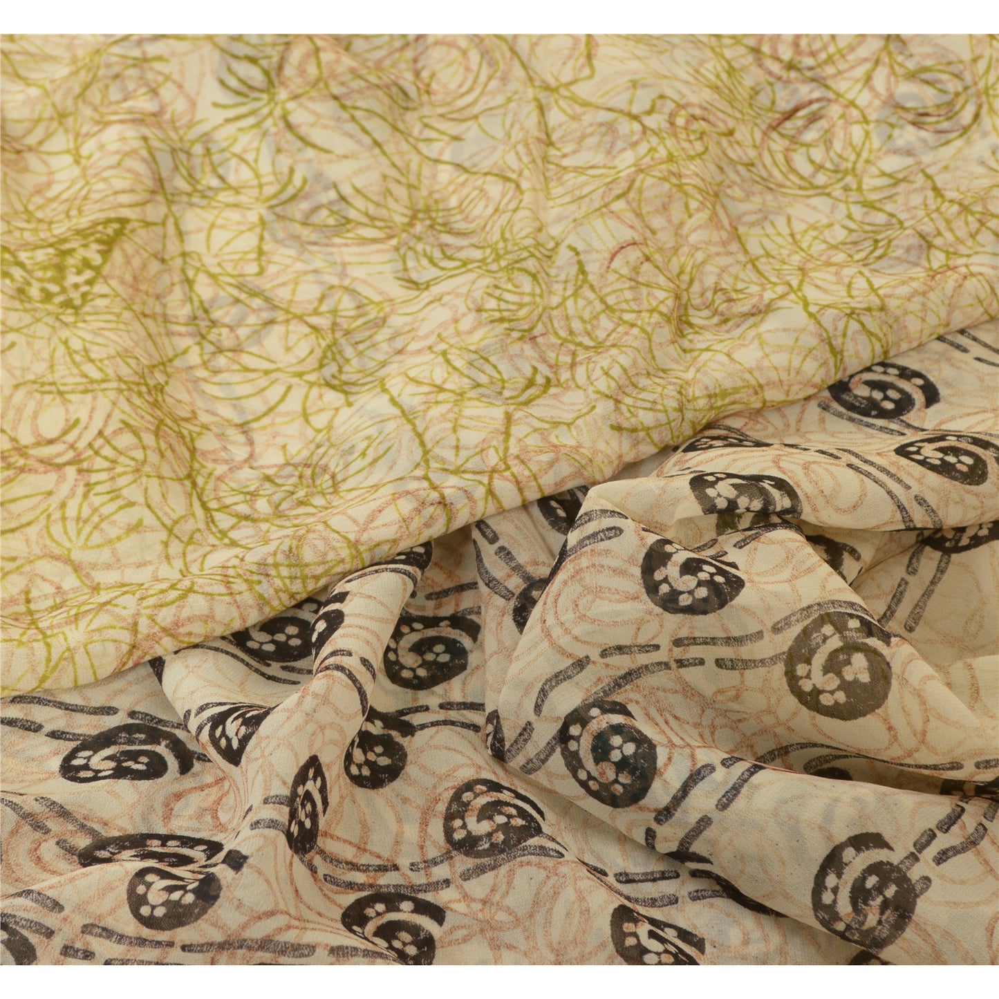 Sanskriti Vintage Sarees Ivory Pure Georgette Silk Printed Sari 5yd Craft Sustainable Fabric