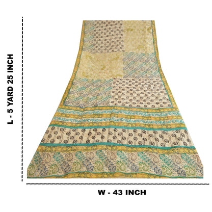 Sanskriti Vintage Sarees Ivory Pure Georgette Silk Printed Sari 5yd Craft Sustainable Fabric