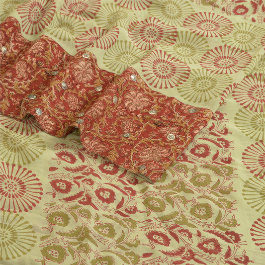 Sanskriti Vintage Sarees Pastel-Green/Red Beads Pure Georgette Print Sari Sustainable Fabric