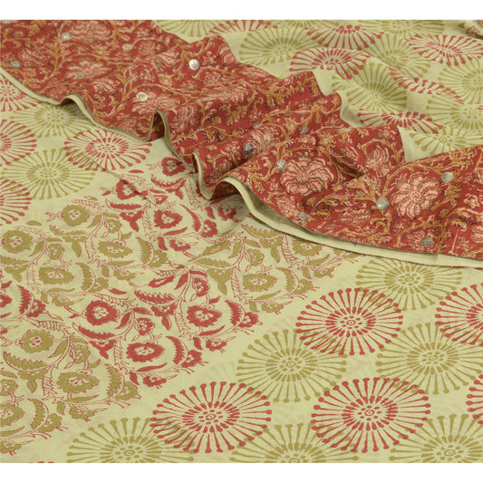 Sanskriti Vintage Sarees Pastel-Green/Red Beads Pure Georgette Print Sari Sustainable Fabric