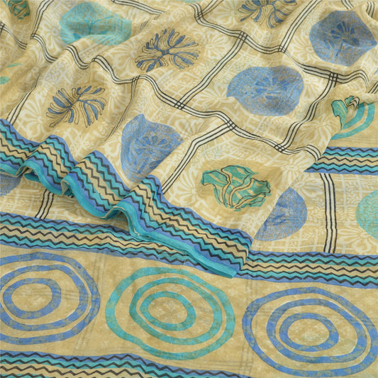 Sanskriti Vintage Sarees Cream Pure Georgette Silk Printed Sari 5yd Craft Sustainable Fabric