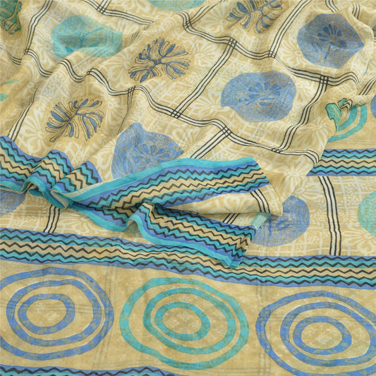 Sanskriti Vintage Sarees Cream Pure Georgette Silk Printed Sari 5yd Craft Sustainable Fabric