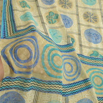 Sanskriti Vintage Sarees Cream Pure Georgette Silk Printed Sari 5yd Craft Sustainable Fabric