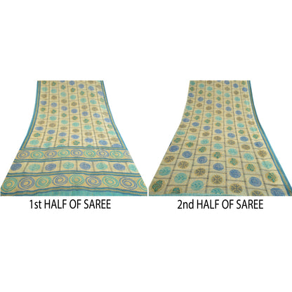 Sanskriti Vintage Sarees Cream Pure Georgette Silk Printed Sari 5yd Craft Sustainable Fabric