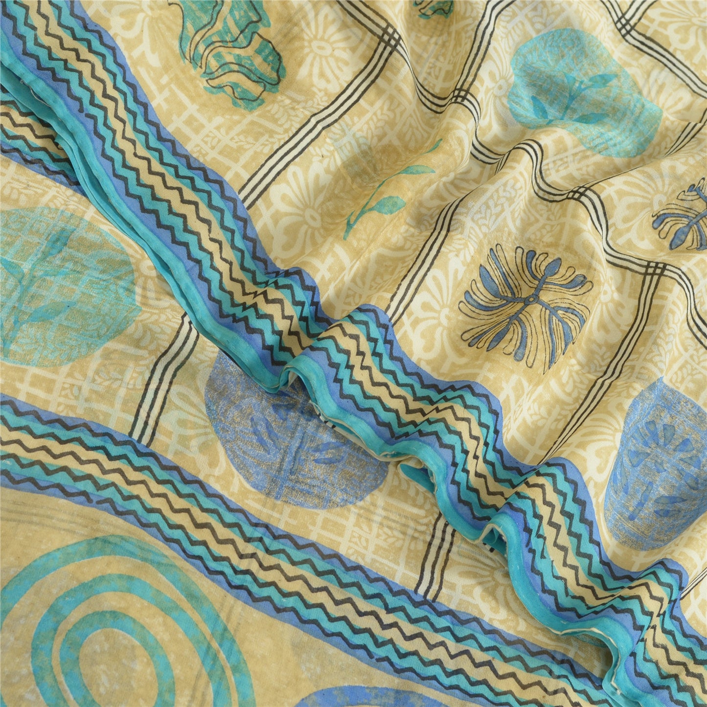 Sanskriti Vintage Sarees Cream Pure Georgette Silk Printed Sari 5yd Craft Sustainable Fabric