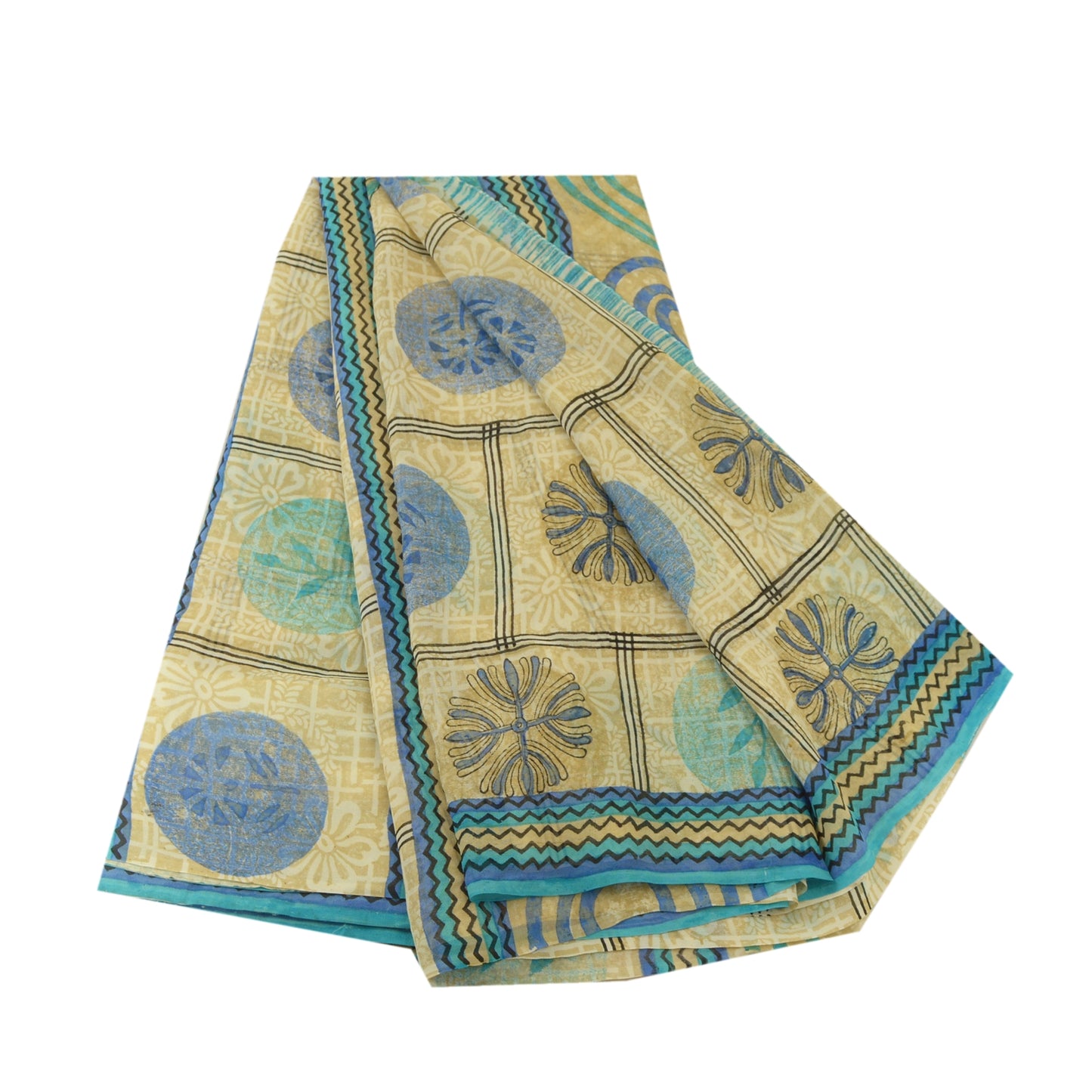 Sanskriti Vintage Sarees Cream Pure Georgette Silk Printed Sari 5yd Craft Sustainable Fabric