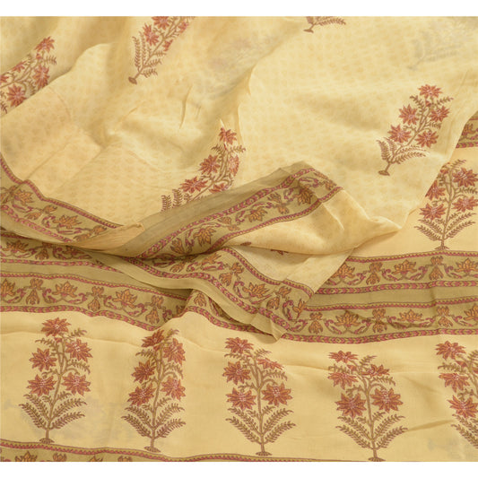 Sanskriti Vintage Sarees Beige Pure Georgette Silk Printed Sari 6yd Craft Sustainable Fabric