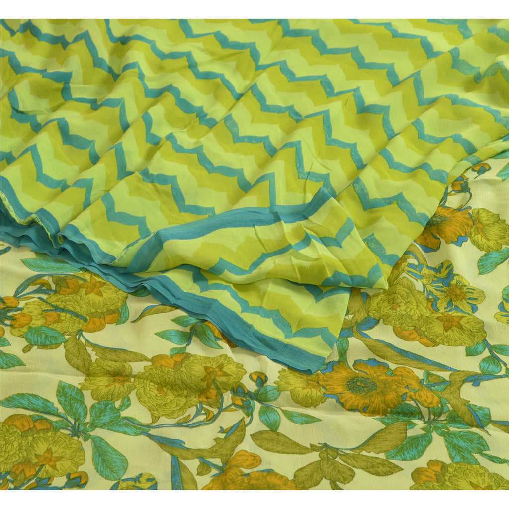 Sanskriti Vintage Sarees Green Pure Georgette Silk Printed Sari 5yd Craft Sustainable Fabric