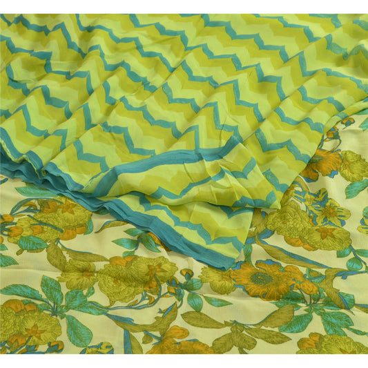 Sanskriti Vintage Sarees Green Pure Georgette Silk Printed Sari 5yd Craft Sustainable Fabric