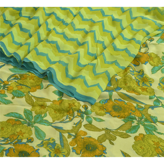 Sanskriti Vintage Sarees Green Pure Georgette Silk Printed Sari 5yd Craft Sustainable Fabric