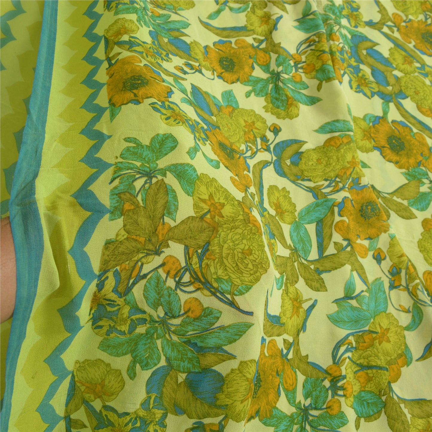 Sanskriti Vintage Sarees Green Pure Georgette Silk Printed Sari 5yd Craft Sustainable Fabric