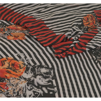 Sanskriti Vintage Sarees Black/Red Pure Georgette Silk Printed Sari Craft Sustainable Fabric