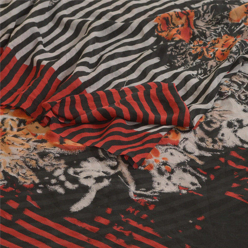 Sanskriti Vintage 100% Pure Georgette Silk Black/Red Printed Sarees Craft FabricSewing Patchwork Home Decor, Bag Making, Quilts Etc