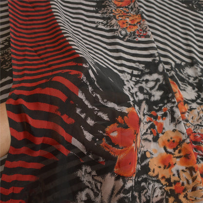 Sanskriti Vintage Sarees Black/Red Pure Georgette Silk Printed Sari Craft Sustainable Fabric