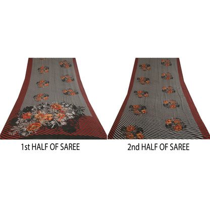 Sanskriti Vintage Sarees Black/Red Pure Georgette Silk Printed Sari Craft Sustainable Fabric