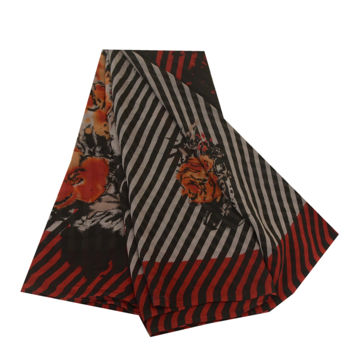 Sanskriti Vintage Sarees Black/Red Pure Georgette Silk Printed Sari Craft Sustainable Fabric