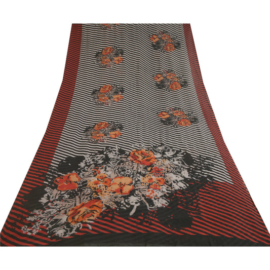 Sanskriti Vintage Sarees Black/Red Pure Georgette Silk Printed Sari Craft Sustainable Fabric