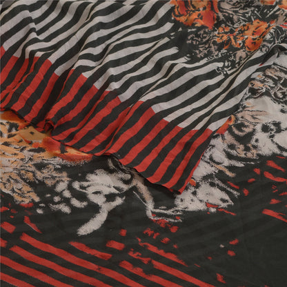 Sanskriti Vintage Sarees Black/Red Pure Georgette Silk Printed Sari Craft Sustainable Fabric