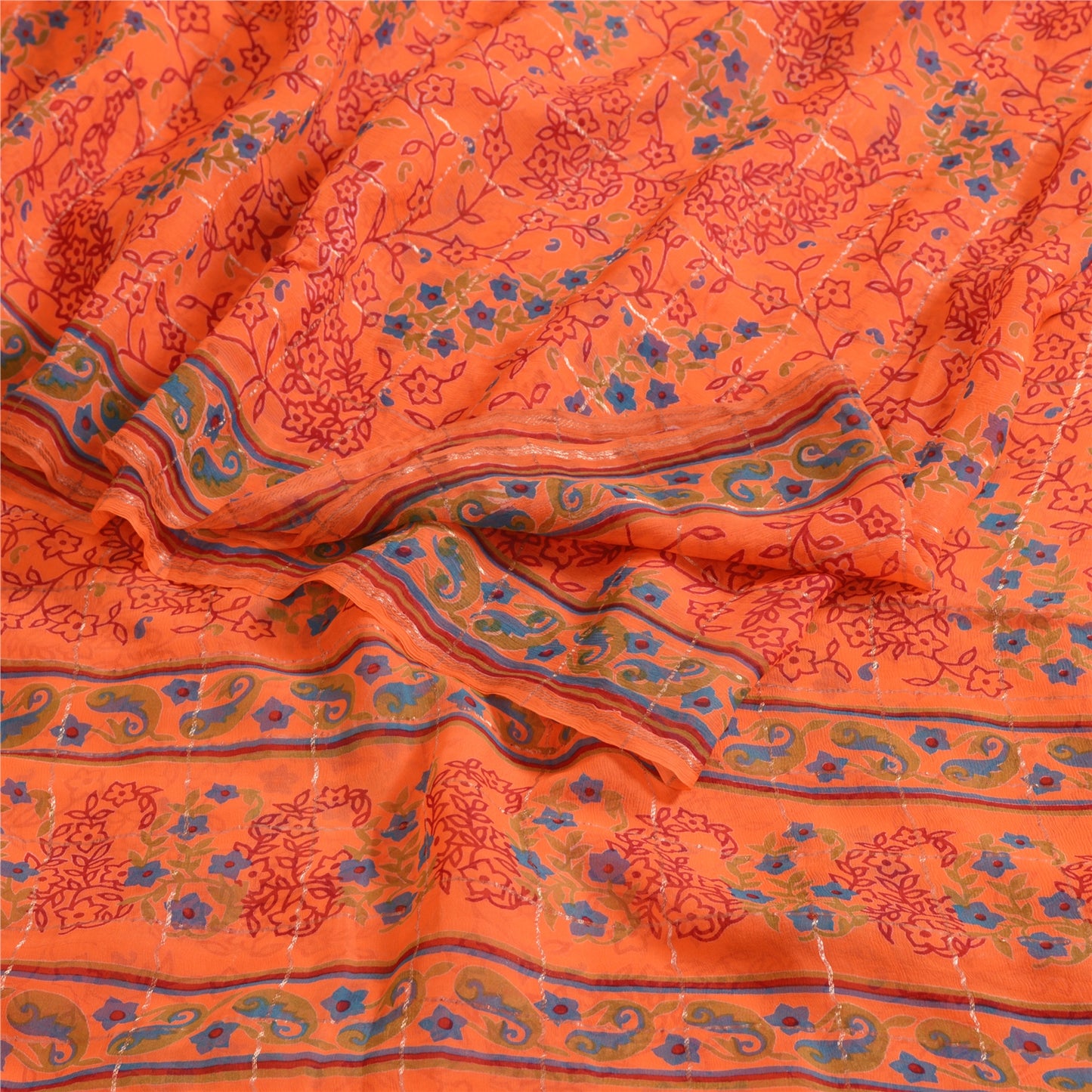 Sanskriti Vintage Sarees Orange Print Zari Woven Pure Georgette Silk Sari Sustainable Fabric