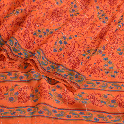 Sanskriti Vintage Sarees Orange Print Zari Woven Pure Georgette Silk Sari Sustainable Fabric