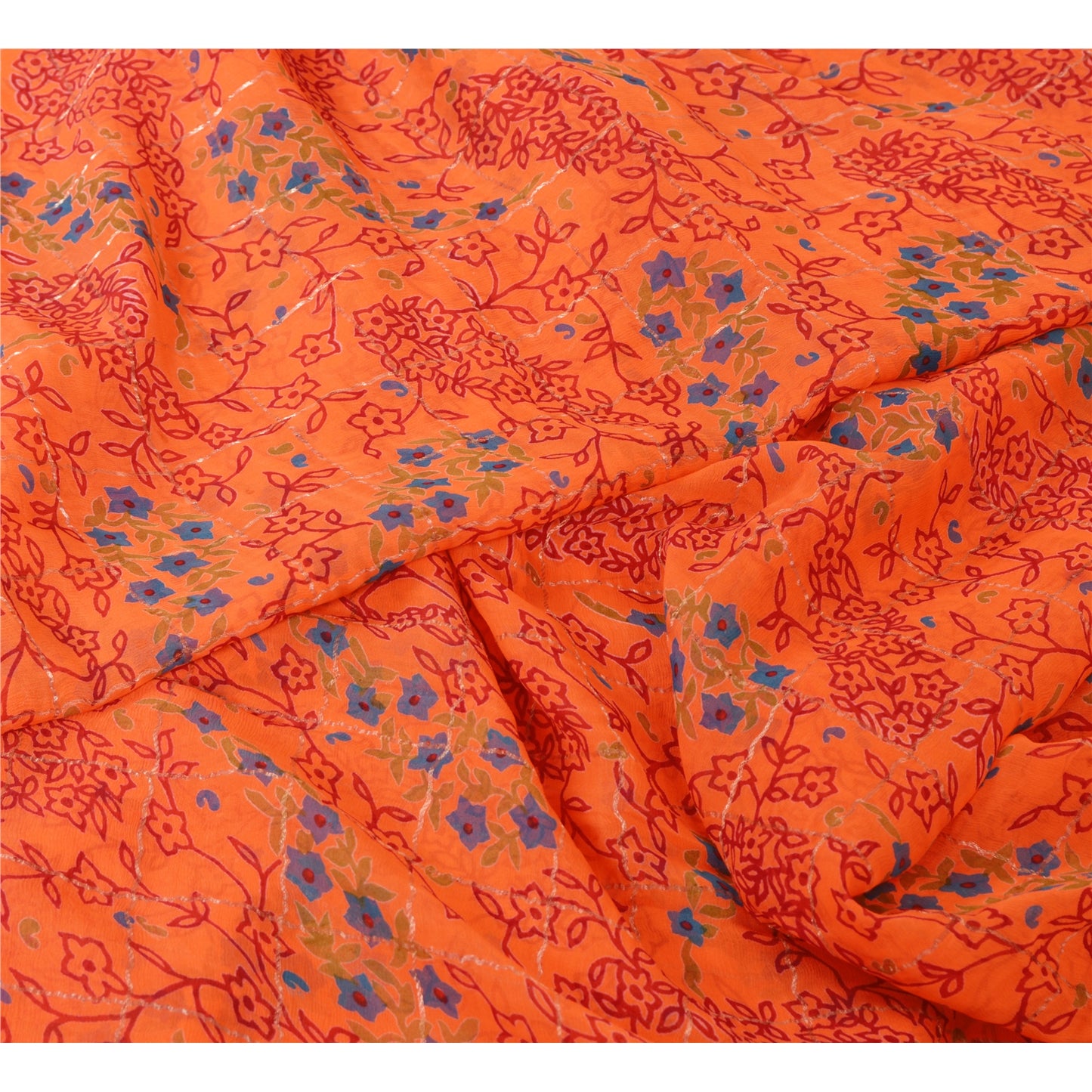 Sanskriti Vintage Sarees Orange Print Zari Woven Pure Georgette Silk Sari Sustainable Fabric