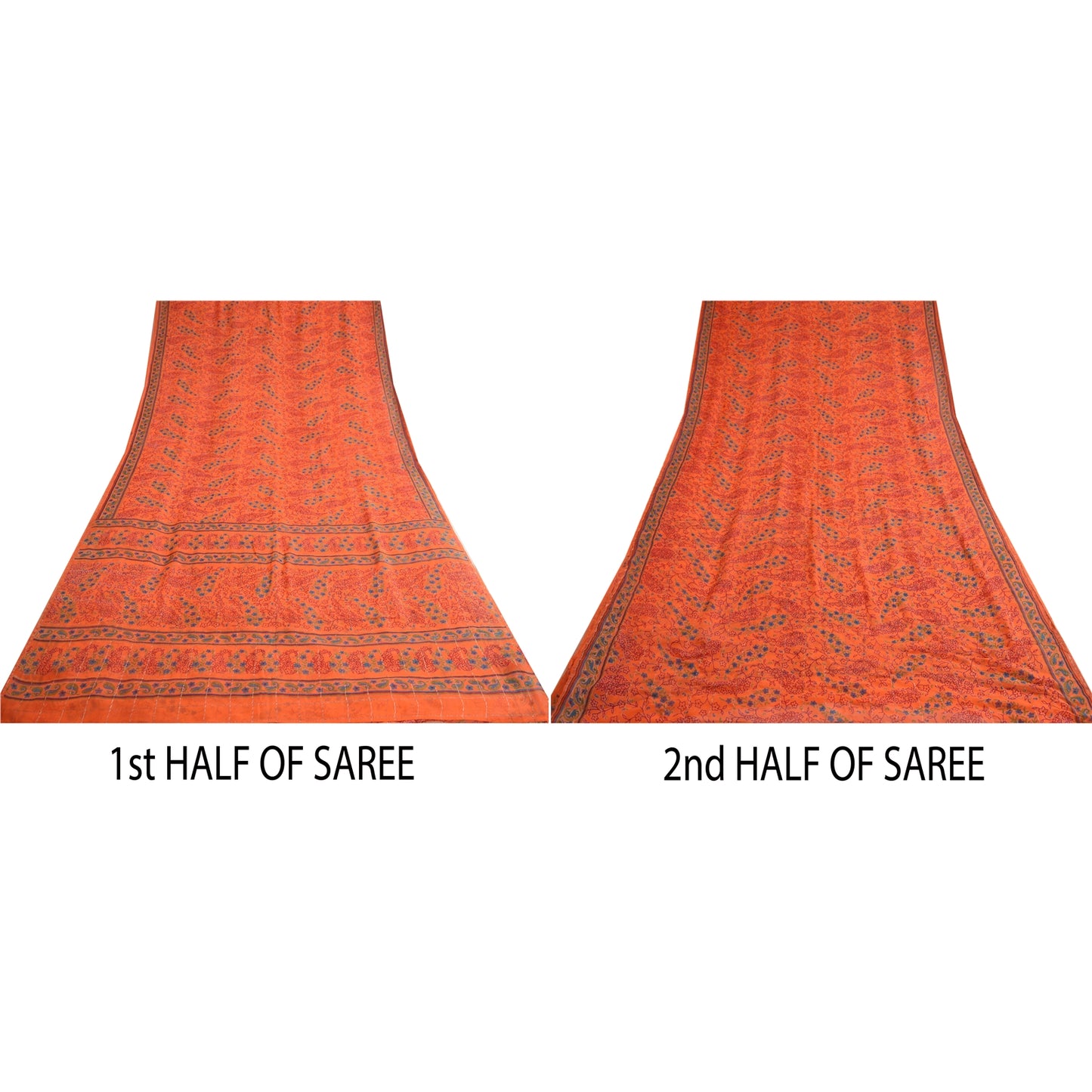 Sanskriti Vintage Sarees Orange Print Zari Woven Pure Georgette Silk Sari Sustainable Fabric