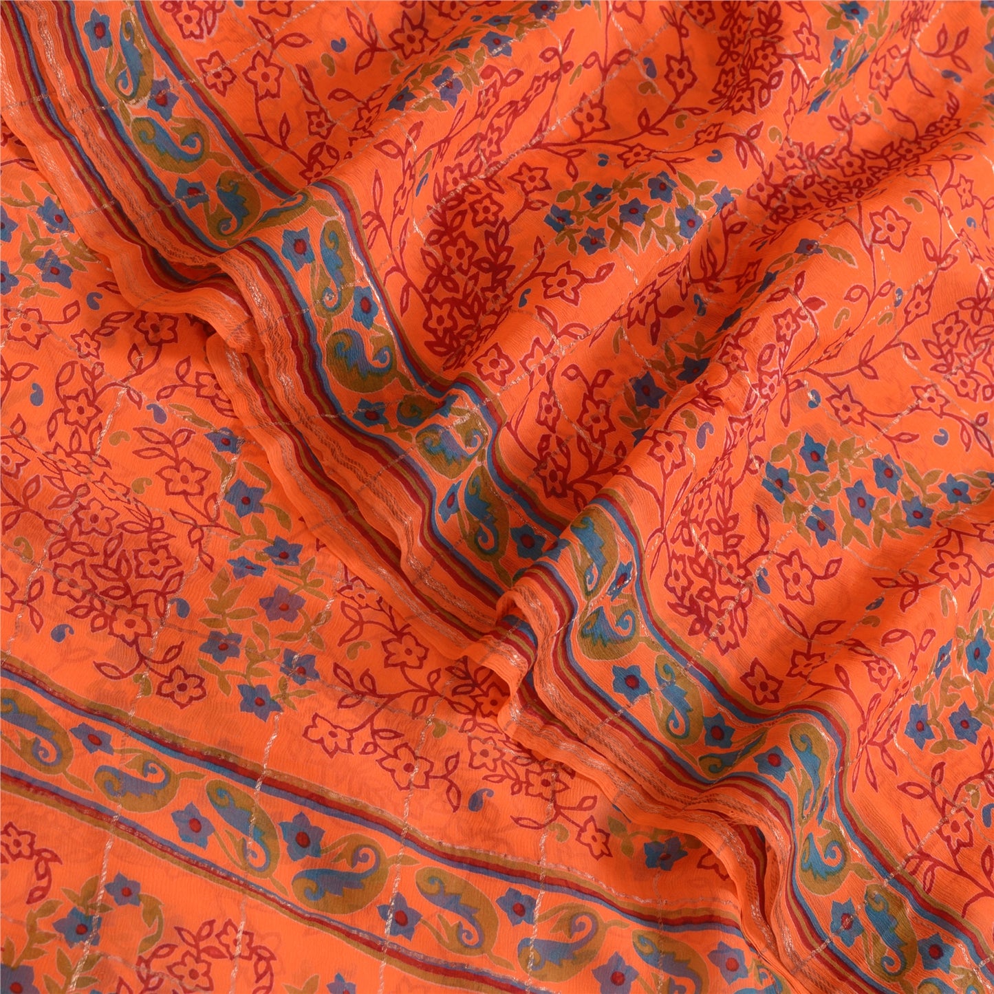 Sanskriti Vintage Sarees Orange Print Zari Woven Pure Georgette Silk Sari Sustainable Fabric