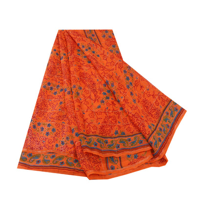 Sanskriti Vintage Sarees Orange Print Zari Woven Pure Georgette Silk Sari Sustainable Fabric