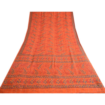 Sanskriti Vintage Sarees Orange Print Zari Woven Pure Georgette Silk Sari Sustainable Fabric
