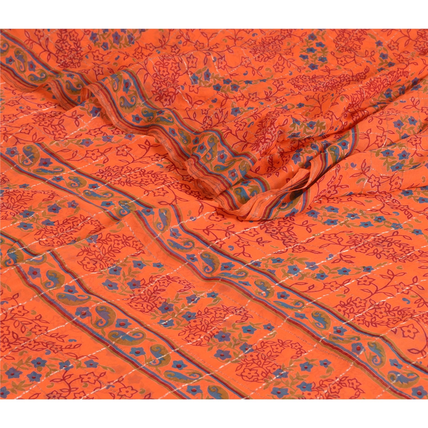 Sanskriti Vintage Sarees Orange Print Zari Woven Pure Georgette Silk Sari Sustainable Fabric