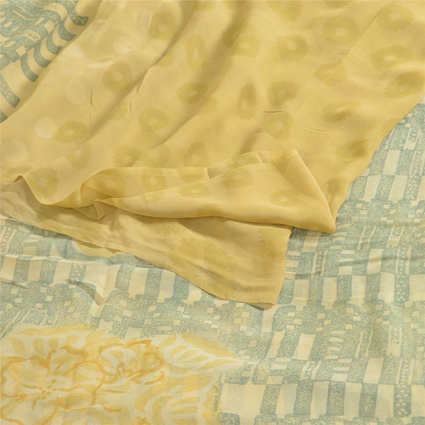 Sanskriti Vintage Sarees Gray/Cream Printed Pure Georgette Silk Sari 5yd Sustainable Fabric