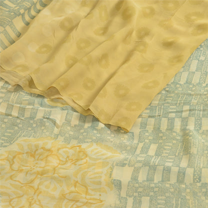 Sanskriti Vintage Sarees Gray/Cream Printed Pure Georgette Silk Sari 5yd Sustainable Fabric